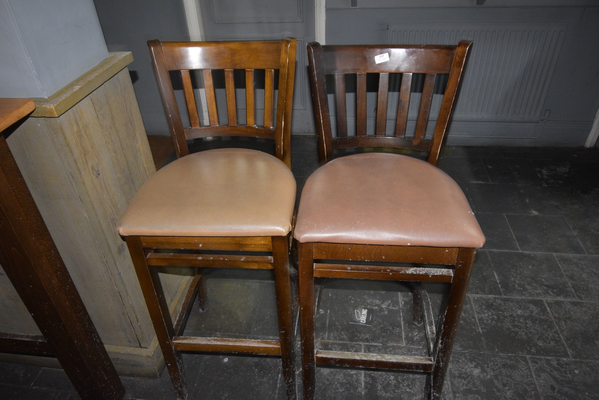 *Pair of Darkwood Framed Barstools with Upholstered Seats