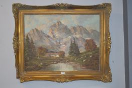 Oil on Canvas Alpine Scene with Signature