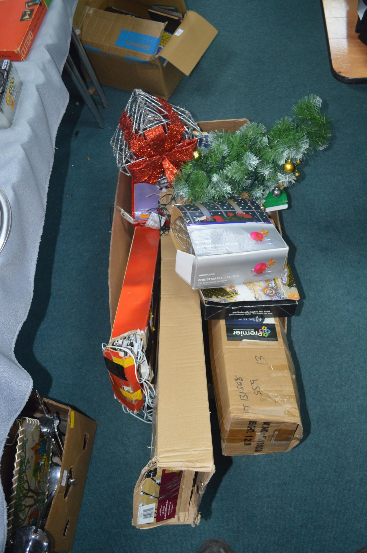 Large Box of Christmas Decorations and Lights etc.
