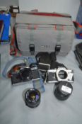 Two Vintage Olympus Cameras plus bag and Accessori