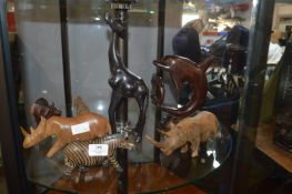 Seven Carved Wooden African Animals etc.