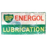 A BP painted metal advertising sign, stamped BP Energol Lubrication, on a green and cream ground, 2