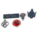 A group of engine and other car badges, comprising an Engine Owners Club badge, MG owners club badge