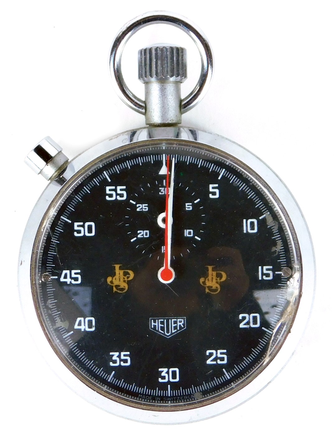 A Heuer for John Player Special lap timer, in a pro case with black dial.