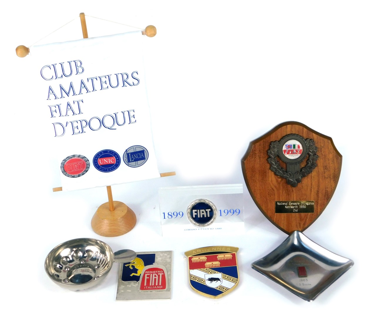 A collection of Fiat collectables, comprising a Fiat ashtray, a Fiat 1899-1999 paperweight, and a Cl