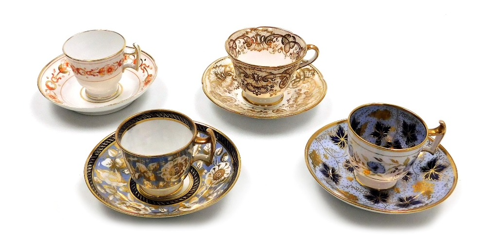 Four 19thC Ridgway porcelain coffee cups and saucers, variously decorated with flowers or vines, pat