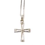 A 9ct white gold and diamond set cross pendant, on a fine curb link neck chain, 2.9g.