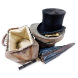 A Victorian moleskin top hat, contained in a leather hat box, the hat interior measurement 19cm x 15