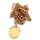 A George V gold sovereign, worn, in a 9ct rose gold pendant mount, on a curb link chain, with lobste
