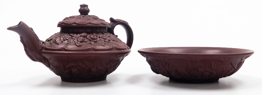 A late 19thC Wilhelm Schiller & Sohn redware tete-a-tete, moulded with flowers and leaves, impressed - Image 4 of 10