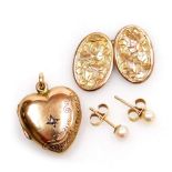 A 9ct gold diamond and heart shaped photo locket, foliate engraved, gentleman's single 9ct gold doub