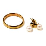 A 9ct gold wedding band, size L, 2.1g, together with a pair of 9ct gold and cultured pearl ear studs