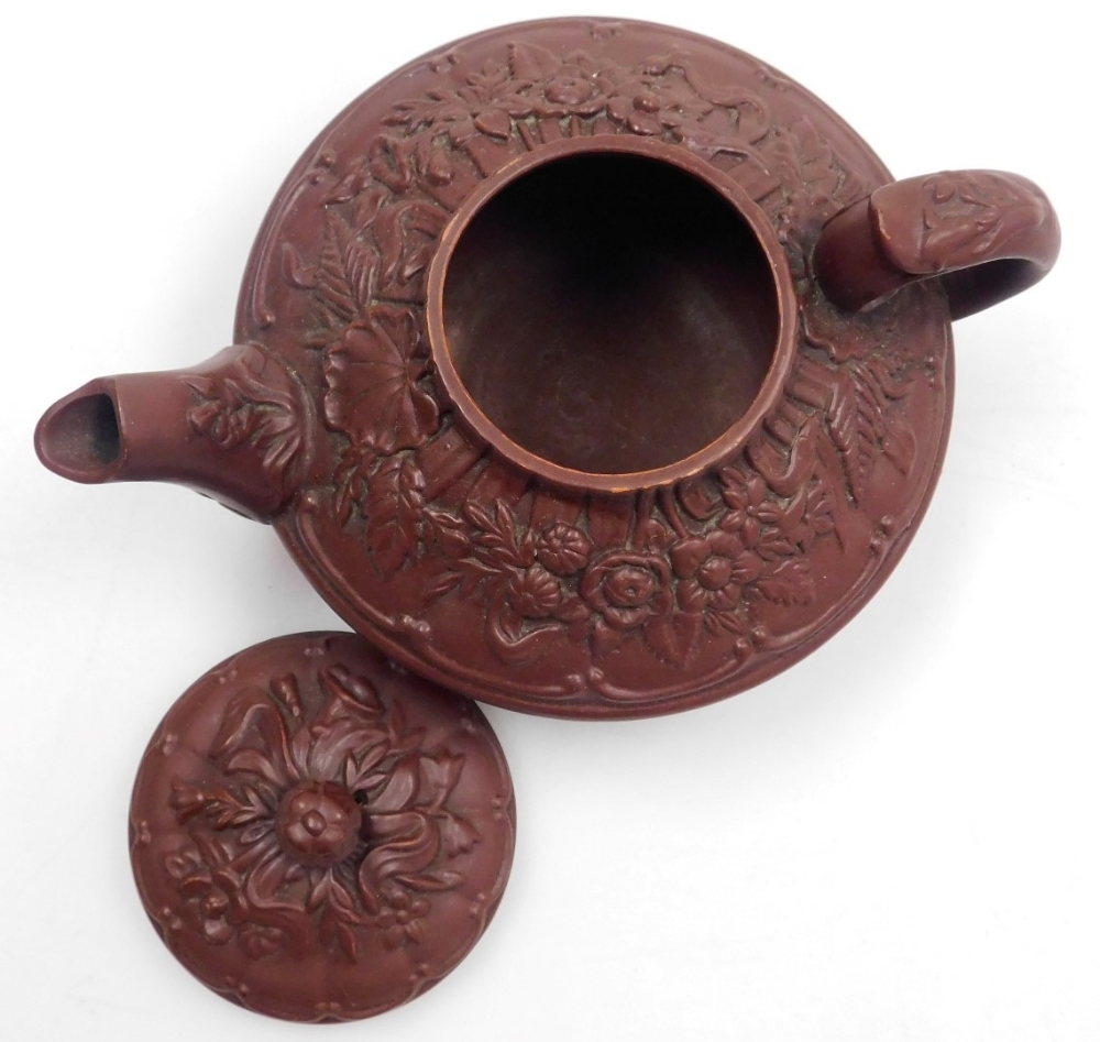 A late 19thC Wilhelm Schiller & Sohn redware tete-a-tete, moulded with flowers and leaves, impressed - Image 6 of 10