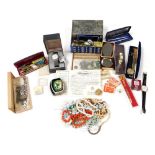 Silver and costume jewellery, including brooches, wristwatches, necklaces, together with pen sets, b