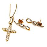 A 9ct gold and cubic zirconia set cross pendant, on a fine neck chain, and a pair of diamond set ear