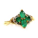 A 9ct gold, emerald and diamond ring, in a four petal design, size L, 1.7g.