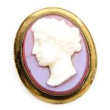 A late 19thC chalcedony and mounted cameo brooch, bust portrait of a lady, in an oval yellow metal f