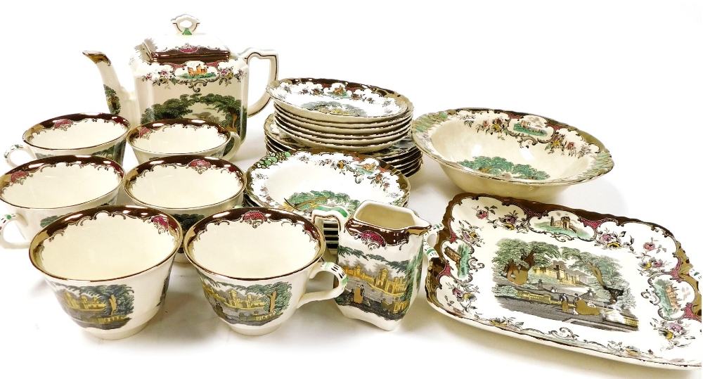 A Masons ironstone Leeds pattern part tea service, comprising a teapot, milk jug, six cups and sauce