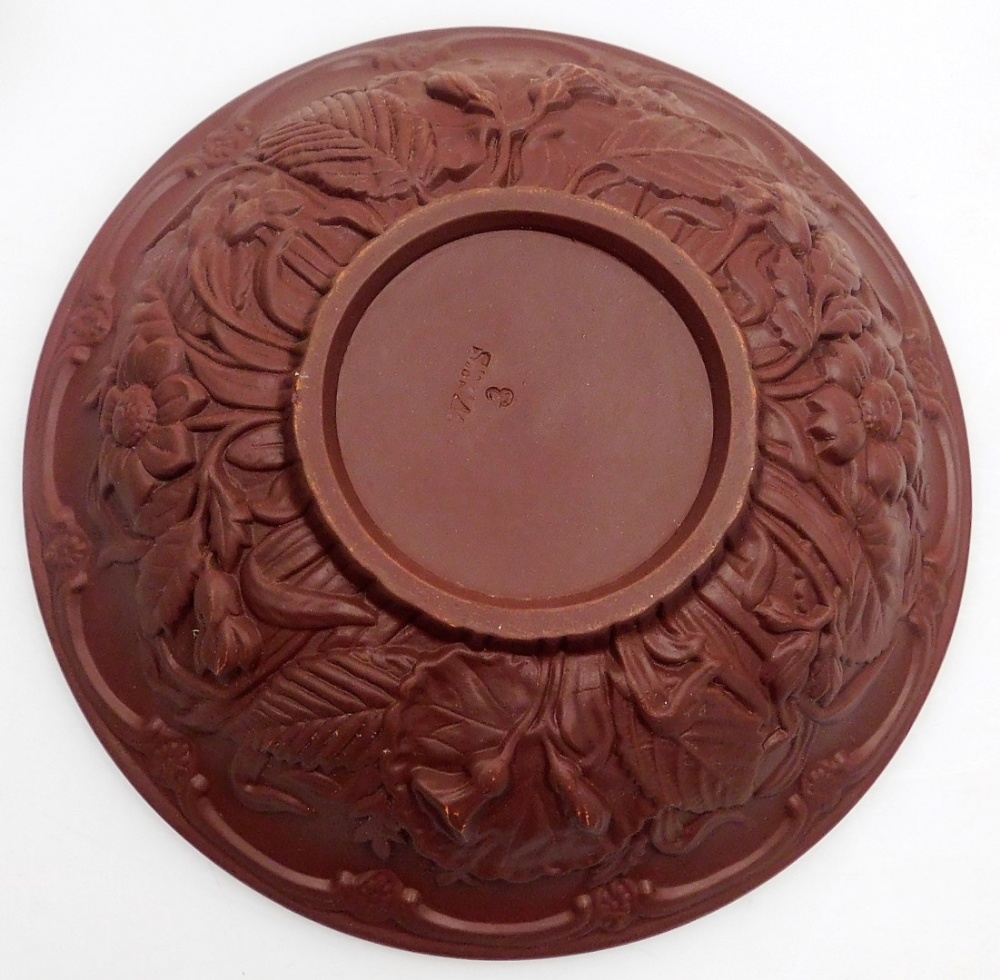 A late 19thC Wilhelm Schiller & Sohn redware tete-a-tete, moulded with flowers and leaves, impressed - Image 5 of 10