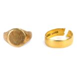Two wedding bands, comprising an 22ct gold band of plain design, 3.9g, and an 18ct gold signet ring,