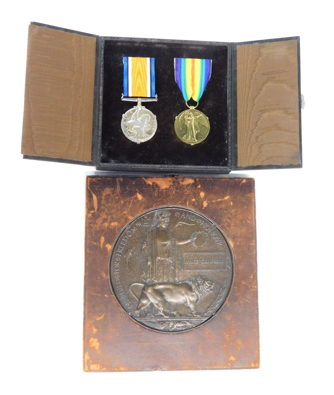 British War and Victory Medals, cased, plus a Memorial Plaque, framed, to S/40141 Pte. James Campbel