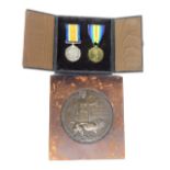 British War and Victory Medals, cased, plus a Memorial Plaque, framed, to S/40141 Pte. James Campbel