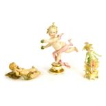 Three Continental figures, comprising a Capodimonte figure of a putto, in out stretched pose, a bisq