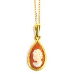 A 9ct gold cameo, the teardrop shaped cameo with a pendant clasp on fine link chain, 44cm long, 2.2g