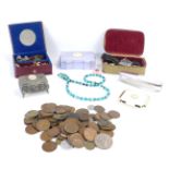 Miscellaneous jewellery and trinkets, comprising bar brooches, marcasite bow brooch, silver lidded d