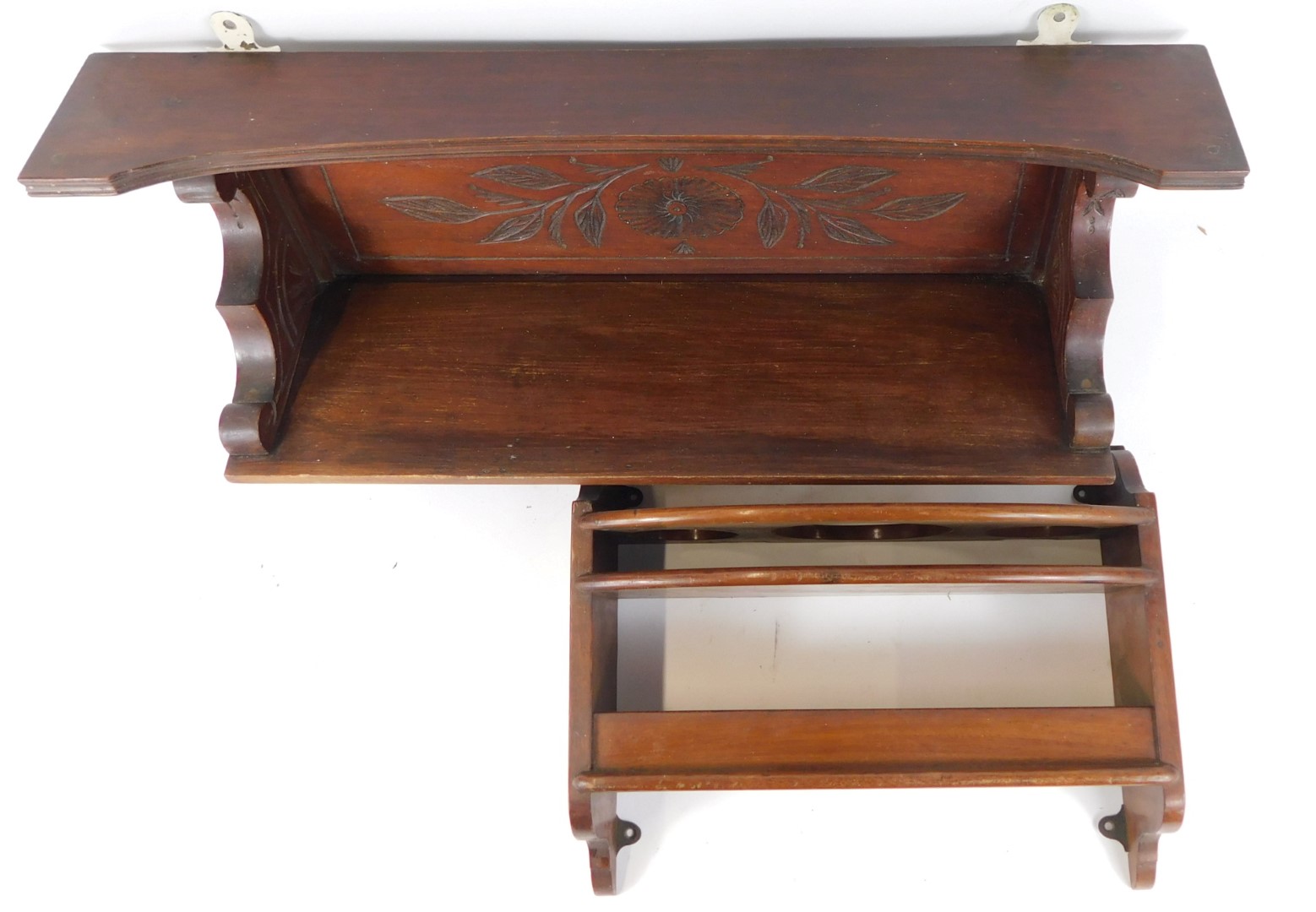 An early 20thC mahogany wall shelf, with three bottle recesses above a shelf, 28.5cm high, together - Image 2 of 2