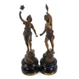 A pair of late 19thC French spelter figures, modelled as La Force and Le Pouvoir, raised on socle ba