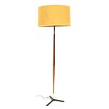 A Danish 1960s teak and brass standard lamp, designed by Svend Aage Holm-Sorensen, with an oatmeal c