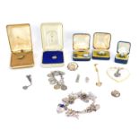 A quantity of costume jewellery, comprising silver charm bracelet, silver coin pendant, Wedgwood nec