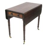 A late Georgian mahogany Pembroke table, with single frieze drawer, raised on turned legs, brass cap