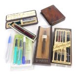 Parker and others pens, a Sheaffer calligraphy set, Parker Falcon ball pen, Longbank biro, and other