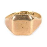 A gents signet ring, with a plain square ring head, on a yellow metal band stamped 9ct, ring size P,