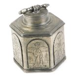 A 20thC Zinh pewter tea canister, of hexagonal form, decorated with panels of various saints, impres