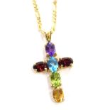 A 9ct gold multi stone crucifix pendant and chain, set with amethyst, aquamarine, garnet, citrine an