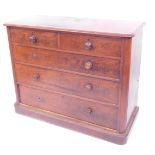 A Victorian flame mahogany chest, of two long graduated drawers, raised on a plinth base, 104cm high