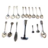 A group of white metal cutlery, spoons, ladle, butter knife, some hallmarked, 6.18oz gross.
