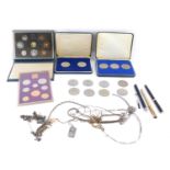 Collector's coins, jewellery and trinkets, to include Churchill and Elizabeth Crowns, cased 1984 col