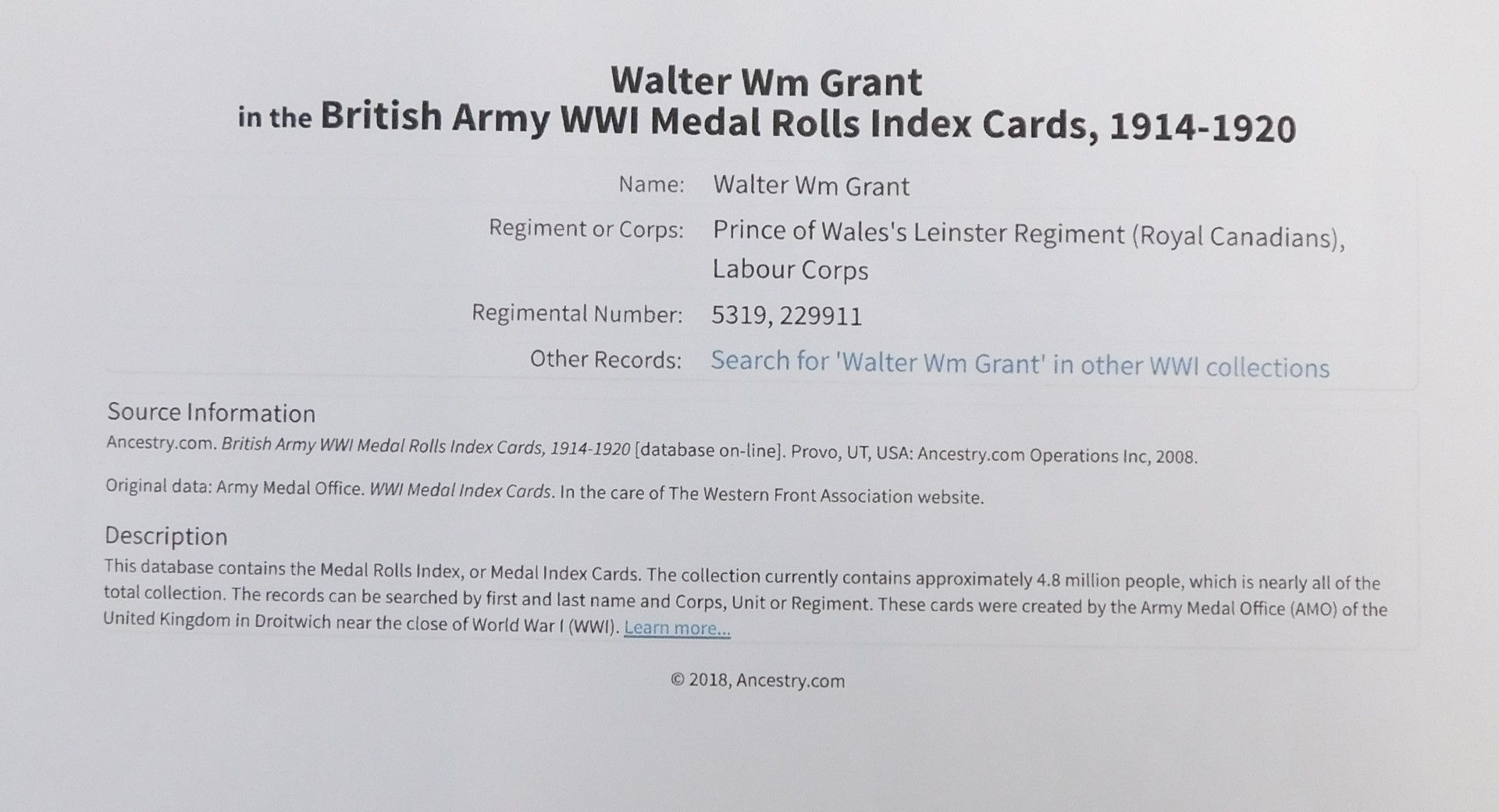 A British War Medal awarded to Pte. 3519 Walter William Grant, 3rd Bn The Leinster Regiment. Note: - Image 6 of 7