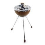 A mid century Lanthe teak and chrome atomic ashtray, raised on three rod legs and rubber feet, 41cm