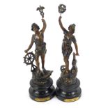 A pair of late 19thC French spelter figures modelled as Le Commerce and L'Industrie, raised on socle