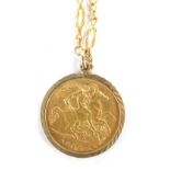 An Edward VII half gold sovereign pendant, dated 1905, in a 9ct gold mounted frame, on a yellow meta