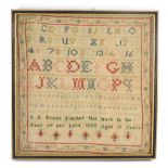 A George IV alphabetic sampler by R Evans, aged 15 years, finished 1830, 30cm x 29cm.