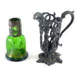 An early 20thC Art Nouveau Loetz style green glass vase, with pierced floral pewter mount, 11cm high