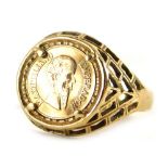 A Maximillano coin dated 1865, in a 9ct gold basket weave ring setting, size P, 2.9g all in.