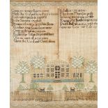 A George III pictorial and motto sampler by Elizabeth Johnson, Come Ye Weary Finners Come, decorated