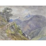 20thC School. Path before mountains with clouds gathering, watercolour, unsigned, 23cm x 29cm.